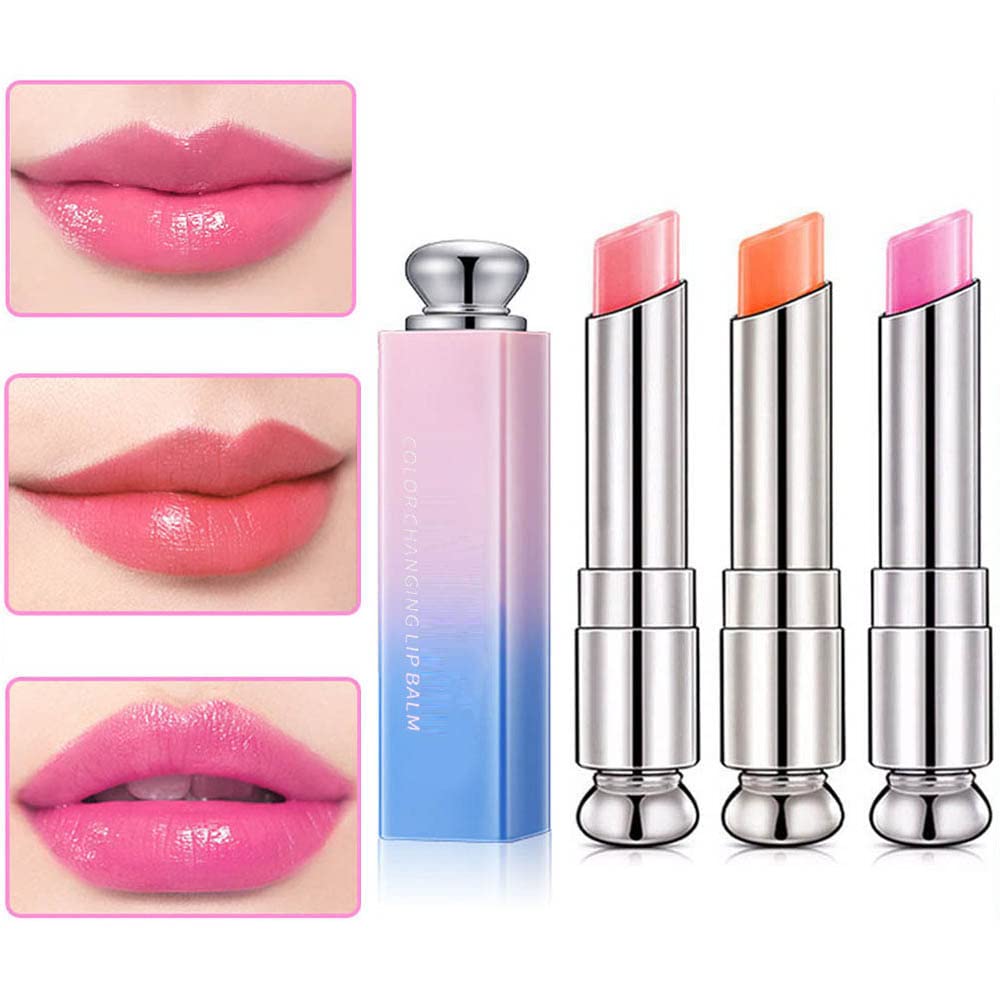 evpct 3Pcs Peach Strawberry Orange Color Changing Change Lipstick Lip Balm Set for Women Korean Magic Lipstick Color Change Changing Lip Tint Tinted Stain Balm Long Lasting Waterproof Crystal Lipstick