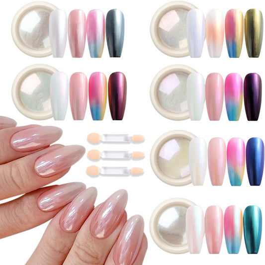 White Chrome Nail Powder - 6 Colors Pearl Chrome for Nails, Mirror Effect Metallic Rubbing Pigment Dust, Glazed Donut Nail Art Pearlescent Glitter Manicure Decor