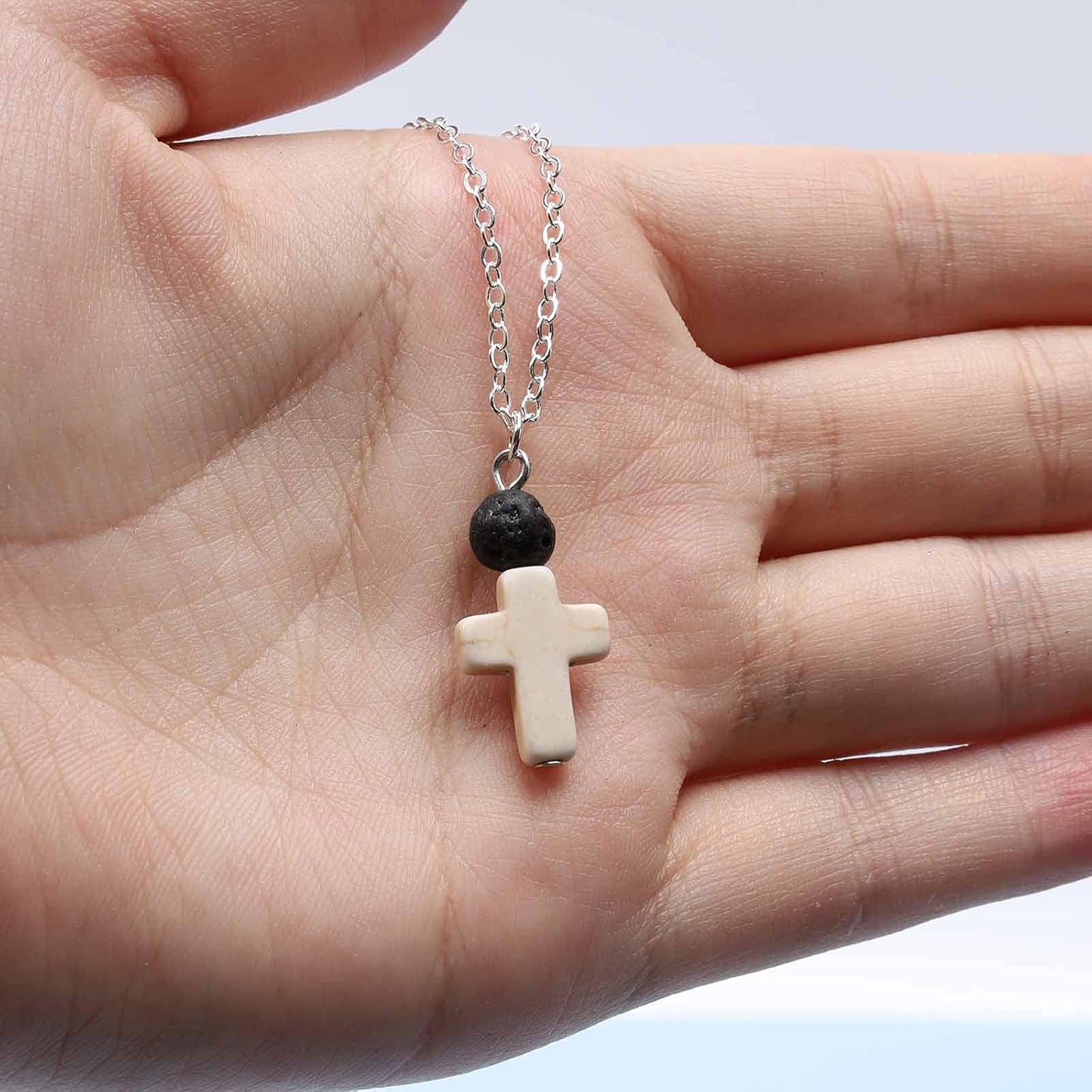 Boho Cross Pendant Necklace Black Lava Bead Choker Necklace Silver Chain Necklace Minimalist Everyday Necklace Jewelry for Women and Girls