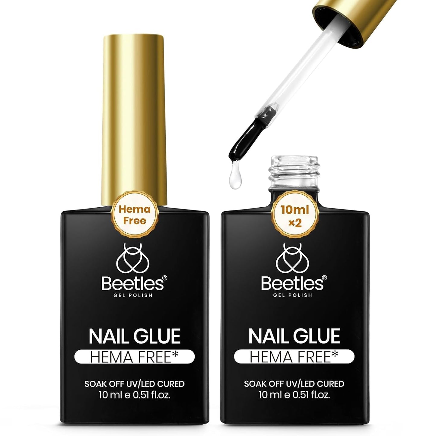Beetles Hema-Free Nail Glue for Acrylic Nails Tips, TPO Free 2Pcs 10ml Long Lasting Uv Nail Glue for False Nail Tips, Clear Press On Nails, Skin-Friendly, U V Light Required