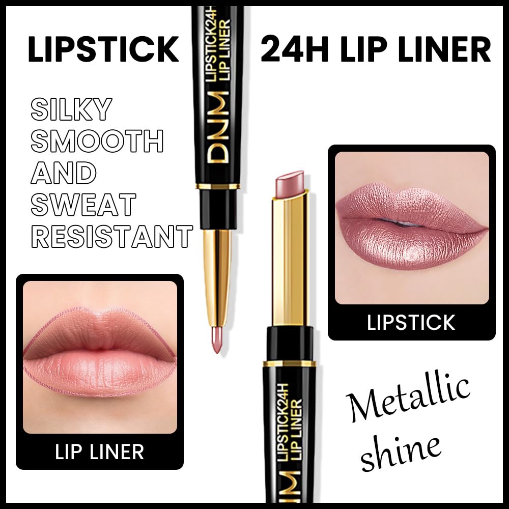 Kaely 2-in-1 Rose Nude Pink Metallic Shine Shimmer Lip Liner & Lipstick Combo Set Kit for Women, Lightweight Hydrating Formula High Impact Full Coverage Lipstick and Lip Liner Makeup Gloss 17