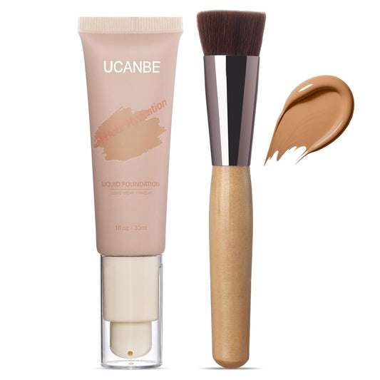 UCANBE Matte Liquid Foundation with Brush, Skincare Serum Foundation Face Makeup with Hyaluronic Acid, Medium to Full Coverage Waterproof Oil Control Longwear, for Mature Skin, Cashew, 1 fl. oz.