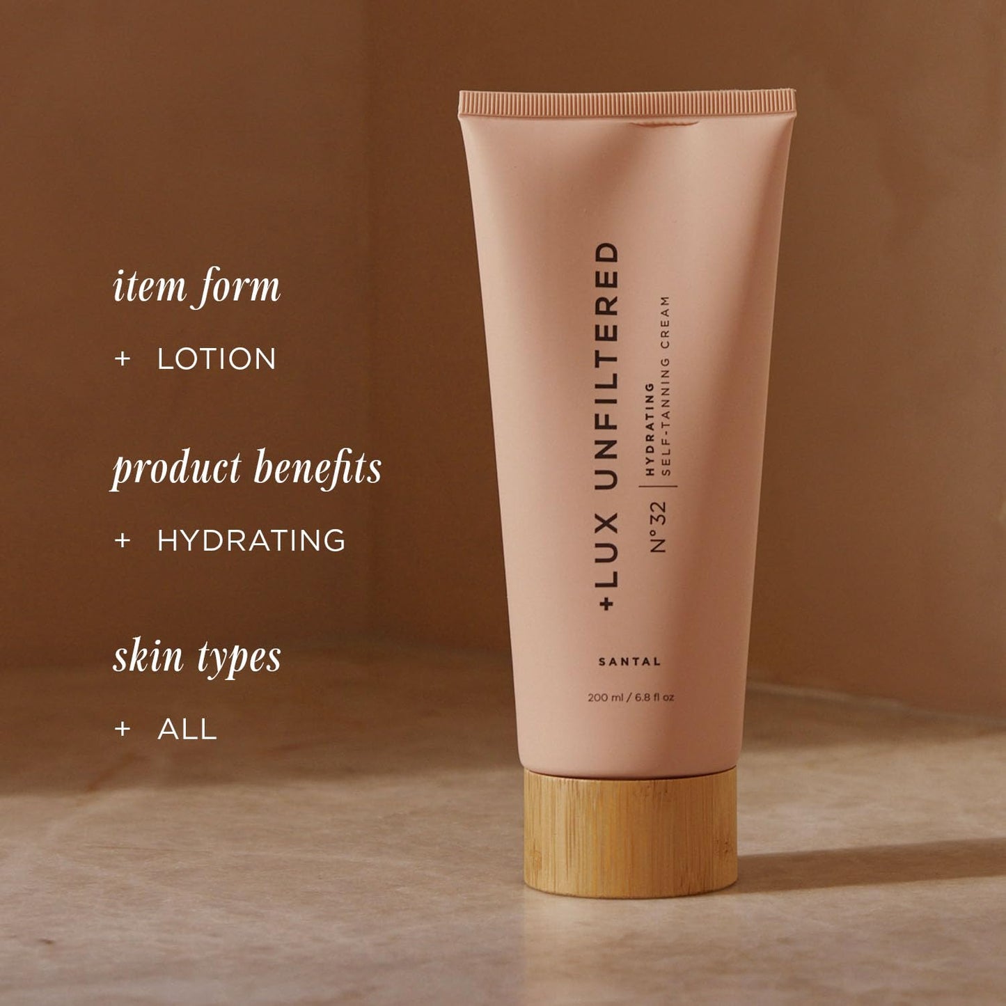 '+ Lux Unfiltered N°32 Gradual Self Tanner, Hydrating Self Tanning Lotion with Shea Butter & Squalane - Non-Sticky, No Transfer, Natural-Looking Tan - Vegan & Cruelty-Free Sunless Tanner - Santal