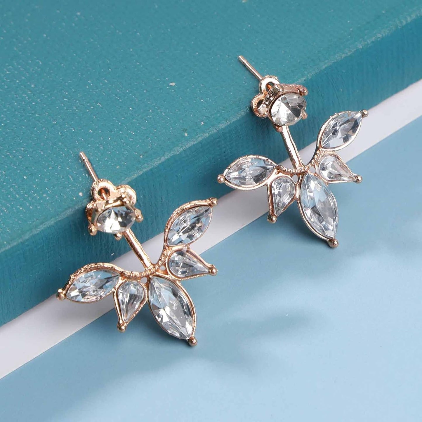 Boho Crystal Lotus Jackets Earrings Gold Crystal Studs Earrings Sparkle Rhinestone Ear Jackets Earrings CZ Ear Climber Earrings Wedding Earrings Jewelry for Women and Girls