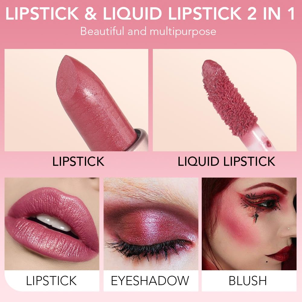evpct 2 in 1 Natural Nude Pink Glitter Metallic Shimmer Diamond Lipstick and Lip Gloss Set for Women Long Lasting Waterproof, Warm Rose Pink Sparkle Glitter Shiny Lipstick and Lip Liner Makeup Set, 05
