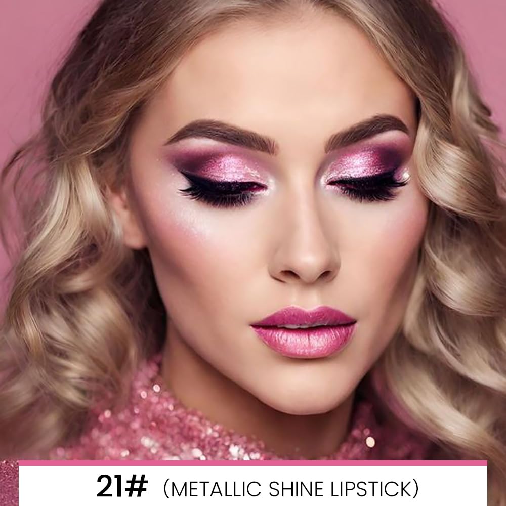 evpct 1Pcs Rose Pink Metallic Shine Shimmer Lip Liner and Lipstick Combo Set Kit for Women, Lightweight Hydrating Formula High Impact Full Coverage Lipstick and Lip Liner Makeup Stains Gloss, 21#