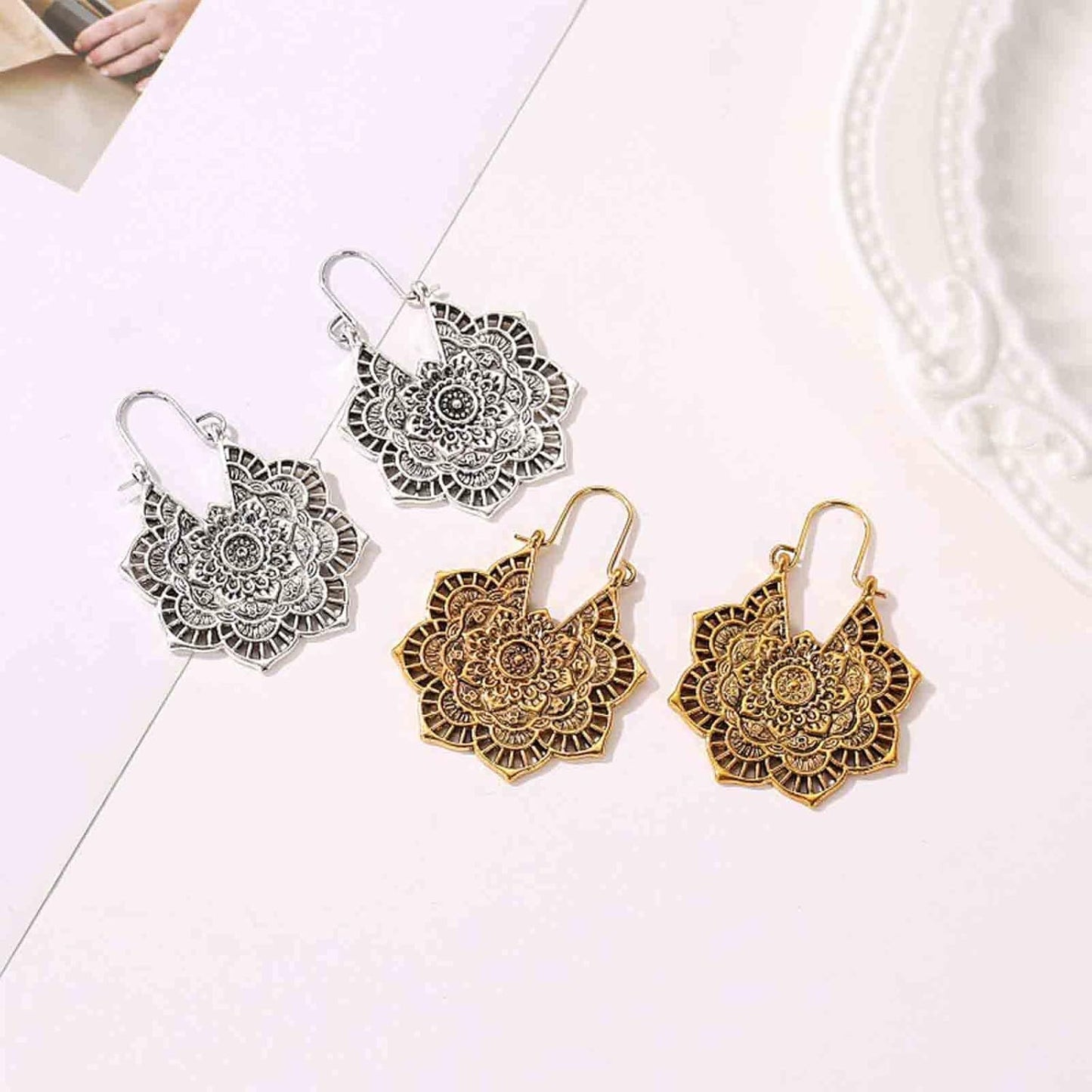 Boho Mandala Flower Earrings Gold Drop Dangle Earrings Tribal Earrings Vintage Ethnic Hoop Earrings Jewelry for Women and Girls