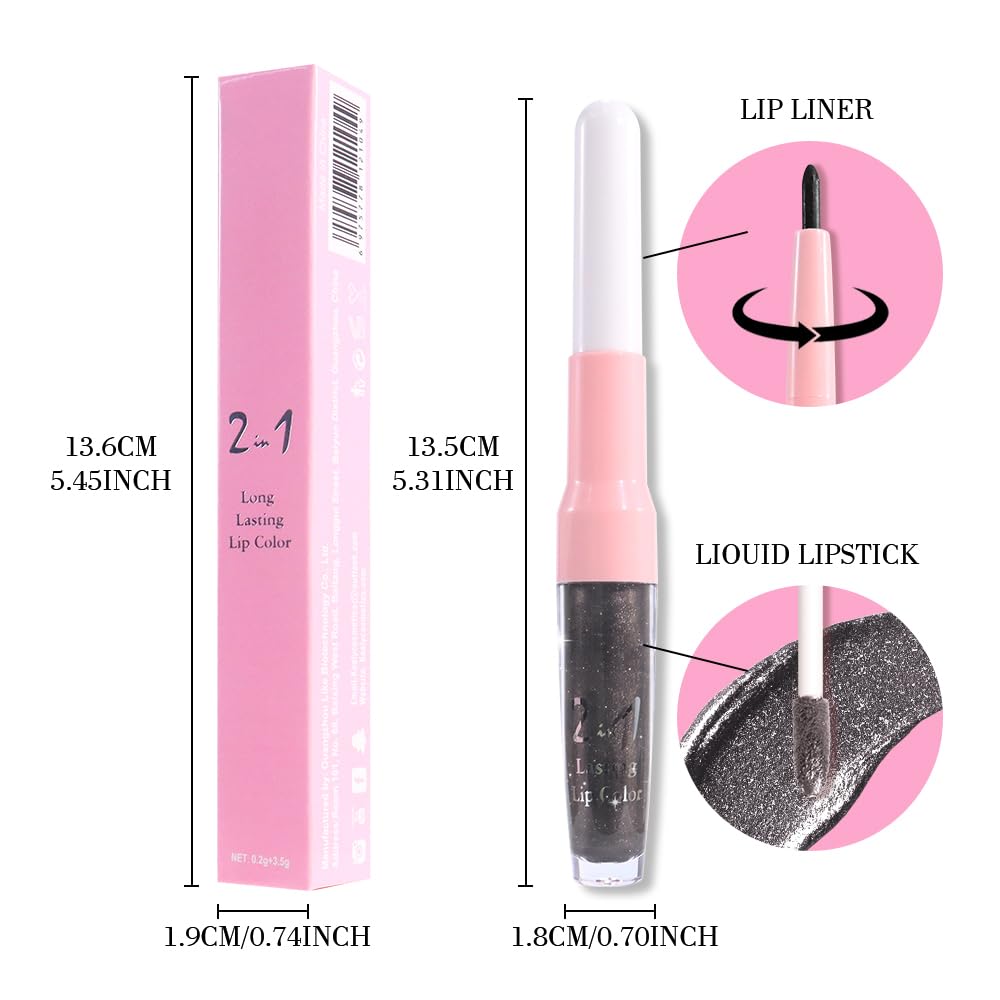 evpct Black Metallic Glitter Lip Liner and Lipstick Combo Lip Gloss Stain Set Makeup for Women Long Lasting Waterproof 24, Goth Gothic Halloween Metallic Shimmer Frosted Iridescent Liquid Lipstick 17
