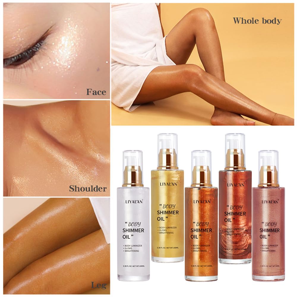 Liyalan Shimmer Body Oil Rose Gold 5 Color Bronze Face Glow Pearl Highlighter Illuminator body Makeup Shine Glitter Gold Liquid Taning(3.38 Fl Oz/05)