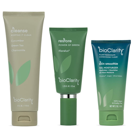 BioClarity 3-Step Essentials Skin Routine for Normal & Oily Skin Types | Cleanse, Restore and Moisturize | Gentle Clean and Hydrate Face | 100% Clean, Vegan Ingredients (Full Size)