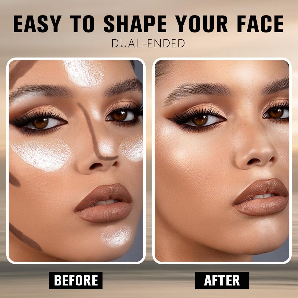 2Pcs 2in1 Cream Contour Highlighter Stick, Dual-Ended Highlighter Makeup Contour Stick, Contour Stick Dual Ended For Face Body Makeup, Long Lasting Waterproof for All Skin Tones (05+06)