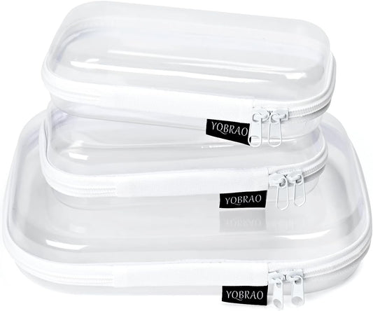 3 Pack Clear Hard Shell Zipper Case - Clear Waterproof Cosmetic Bag with Zipper, Kid's Toy Storage Organizer Bins, Charging Cables, creative journaling, painting brushes, Threads,Sketch Supplies