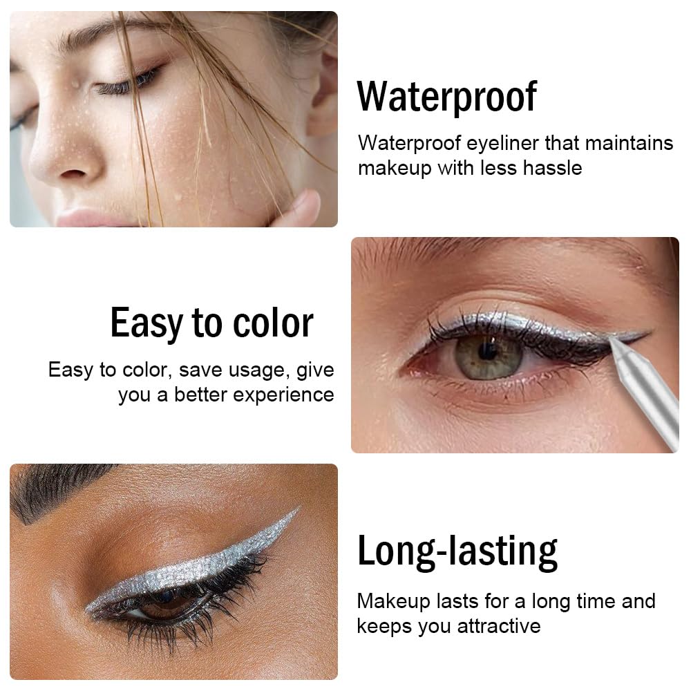 evpct Silver Gray Glitter Eyeliner Pencil for Eyes, Silver Grey Metallic Shimmer Eye Liner Pencil Makeup Waterproof Smudge Proof, Colored Gel Waterline Eyeliner, Face Eye Paint Stick Halloween Makeup