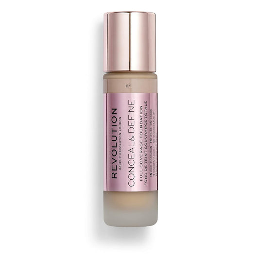 Makeup Revolution Conceal & Define Foundation, Cream Foundation Makeup, Full Coverage, For Medium Skin Tones, Vegan & Cruelty-Free, F7, 23ml