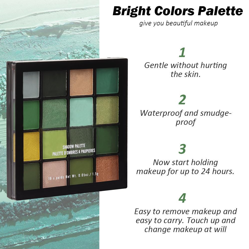 16 Colors Green Olive Matte Shimmer Eyeshadow Palette for Eye Makeup,High Pigmented White Gray Eye Shadow Primers Powder Palet de sombras de ojos