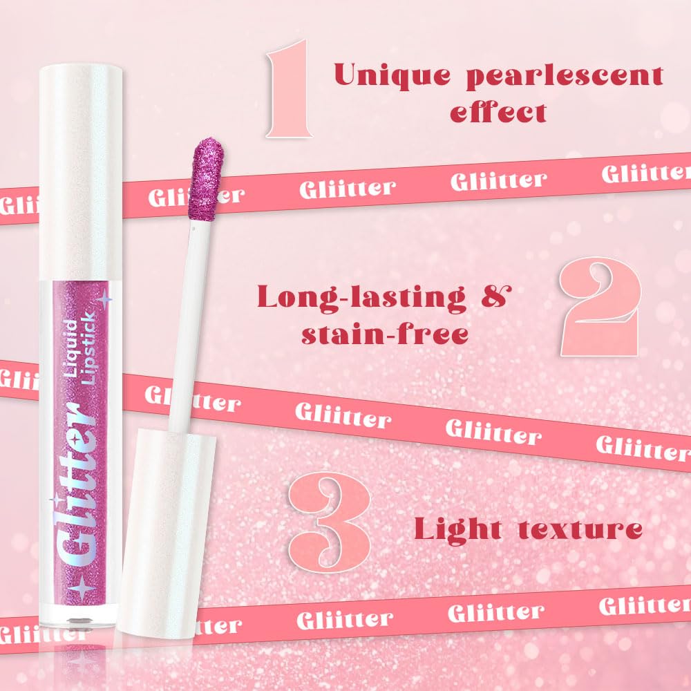 Light Purple Metallic Lipstick for Women,Lightweight Glitter Sparkling Liquid Lipsticks,Shimmer Lip Gloss Stain Long Lasting Waterproof Smudge Proof Non-Drying 24 Hour Full Coverage Lip Makeup,Vegan
