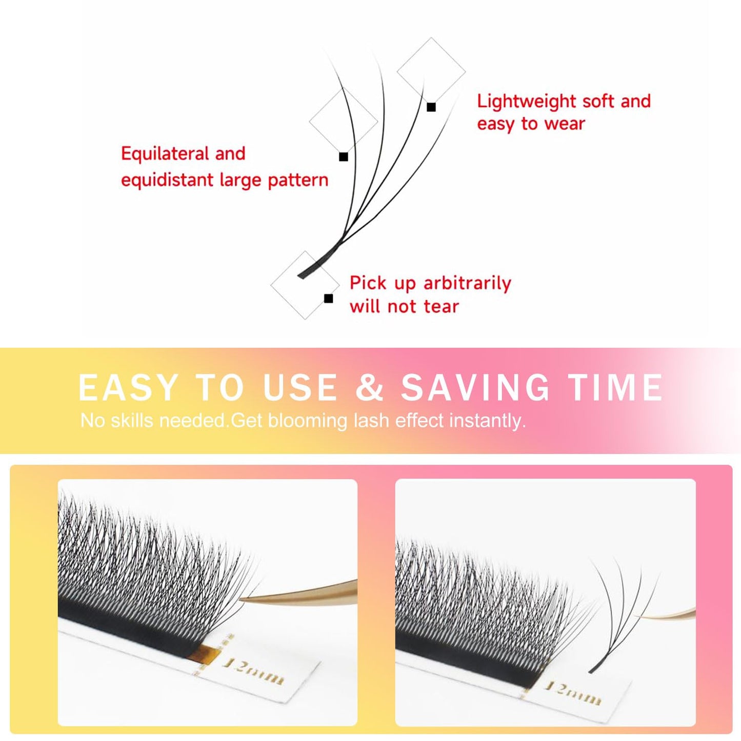 W Lash Extensions Supplies 4D Eyelash Extensions W Shape 0.07mm Thickness D Curl 11mm Premade Fans Easy Fan Lashes Volume Matte Black 12 Rows Crisscross Eye Lashes(W-4D-0.07-D,11mm)