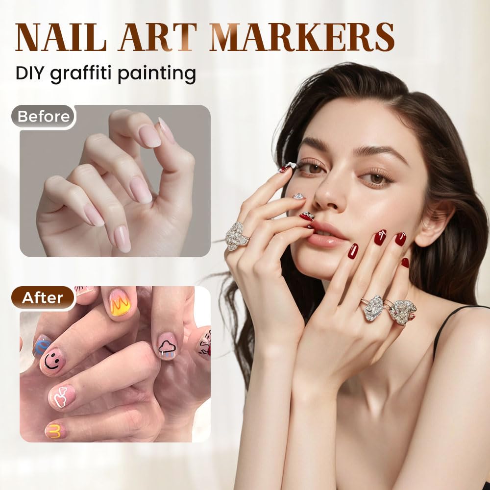 12 Colors Nail Art Pens Set, 2026 New DIY Nail Art Markers for Gel Nails, 3D Nail Polish Pens Quick Dry Graffiti Dotting Point Liner Pens Acrylic Paint Pens Kit for DIY Nail Art Drawing Painting Tools