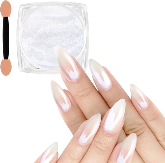 Allstarry White Pearl Chrome Nail Powder, Iridescent Aurora Powder Metallic Mirror Effect Glitter Powder Pearlescent Ice Transparent Mermaid Pigment Pearl Glitter Dust Kit for Nail Art Decoration