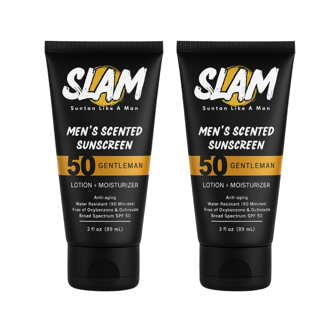 SLAM GentleMan Men's Sunscreen Lotion SPF 50 & Moisturizer – Face & Body Sunblock, Anti-Aging, Water-Resistant, Hawaii Act 104 Safe, Skincare for Men, Cologne Scented – 3 fl oz. each. Double pack.