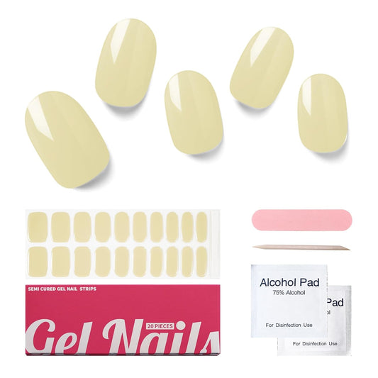 Semi Cured Gel Nail Strips, 20 PCS Gel Nail Stickers Work with UV Light, Salon Quality & Easy to Use - White Mocha