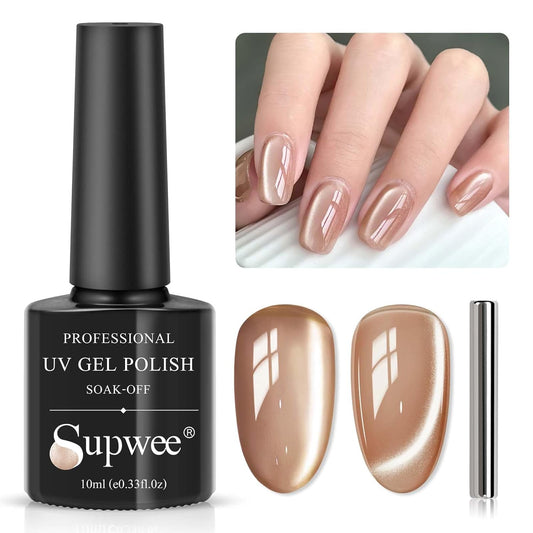 Moonlight Cat Eye Gel Nail Polish 10ml Silk Magnetic Nail Polish Glass Cateye Gel Polish with Magnetic Stick Soak Off UV LED Nail Lamp Nail Art Manicure Salon Home DIY 002, Milky Coffee