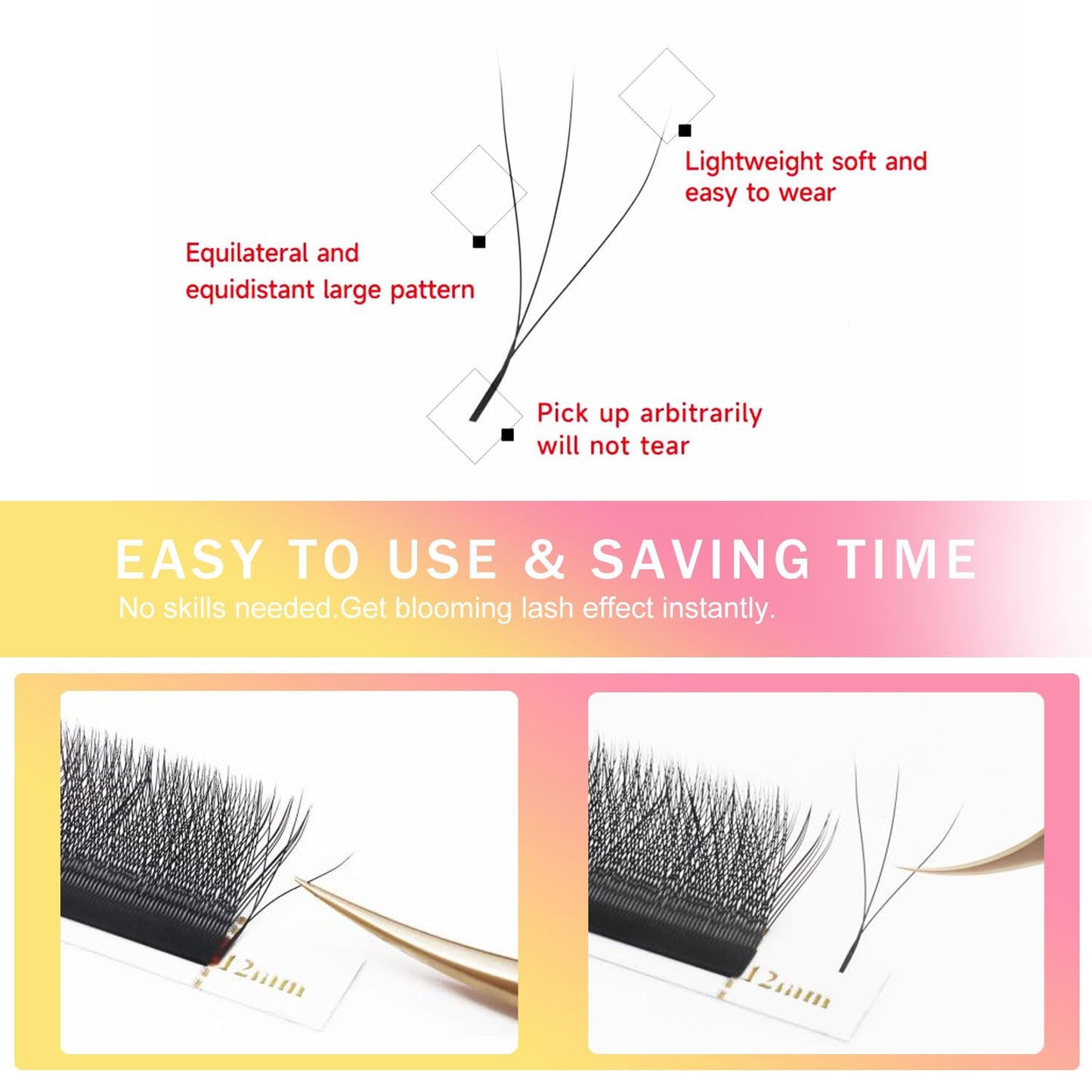 Lash Extensions 3D Eyelash Extensions W Lashes 0.07mm Thickness D Curl Lashes 8mm Soft Lash Trays Pestañas Pelo a Pelo Natural Matte Black False Eyelashes Individual Lashes(W-3D-0.07-D,8mm)