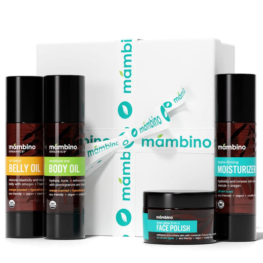 Second Trimester Set – All Natural Skincare Pregancy Gift Box – Anti-stretch mark Belly Oil, Moisturizing Body Oil, Face Polish, Face Moisturizer - Mambino Organics