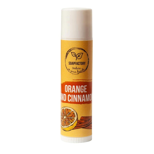 SoapFactory Natural Lip Balm for Dry cracked Lips with Orange and Cinnamon, Vegan, Organic Certified, Lip Care with Carnauba Wax for Women and Men, 0.17 ounce