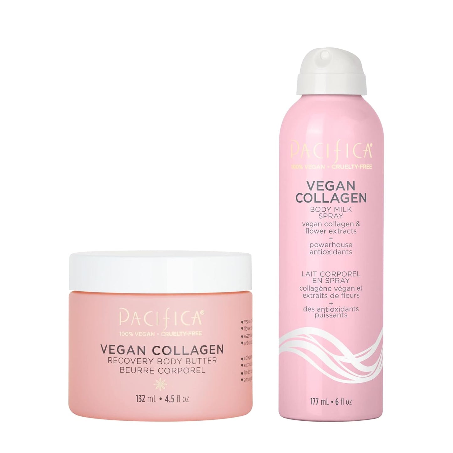 Pacifica Beauty Vegan Collagen Recovery Body Butter and Body Milk Spray Set, Bath and Body, Shea, Vitamin E, Hyaluronic Acid, Body Lotion, Non Aerosol, Body Care, 4.5 fl oz and 6 fl oz (Set of 2)