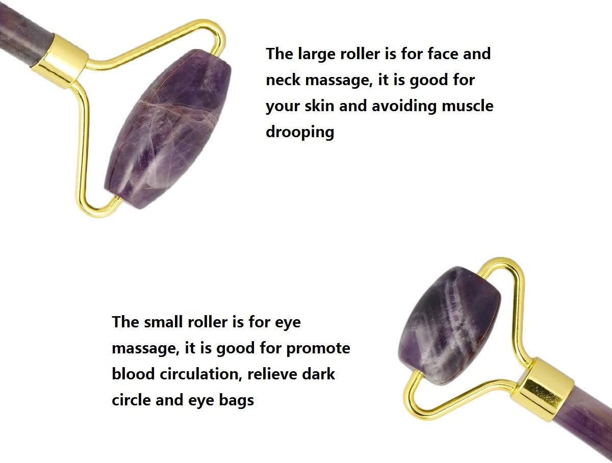 mookaitedecor Amethyst Roller & Rose Quartz Gua Sha Scraping Massage Tool Set, Face Massager for Wrinkles, Anti Aging