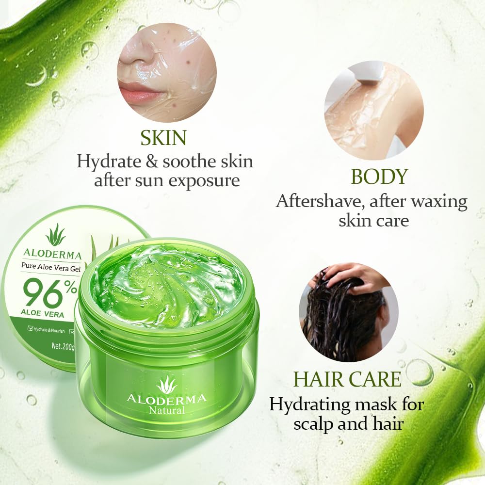 Aloderma Organic Aloe Vera Gel for Face Made within 12 Hours of Harvest, 96% Pure Aloe Vera Gel for Skin, Scalp, & Hair, Soothing Aloe Face Moisturizer, Multipurpose, Hydrating Aloe Gel, 7oz, 3-Pack