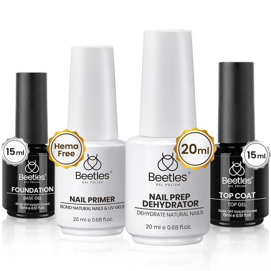 Beetles 4 Pcs 15ml Base Gel and Top Coat Kit with 20ml Nail Dehydrator and Primer, Professional Nail Prep Acid-Free & Hema-Free Dehydrate Bond Primer Set for Acrylic Nail Manicure Gift for Women