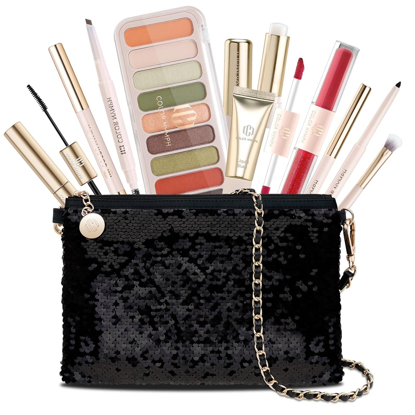 Color Nymph Teen Girls Makeup Kits, All In One Makeup kit For Girls Makeup For Teen Girls with Sequin Bag Packed Individually 9 Colors Eyeshadow Liquid Blush Lip gloss Mascara -Orange Green