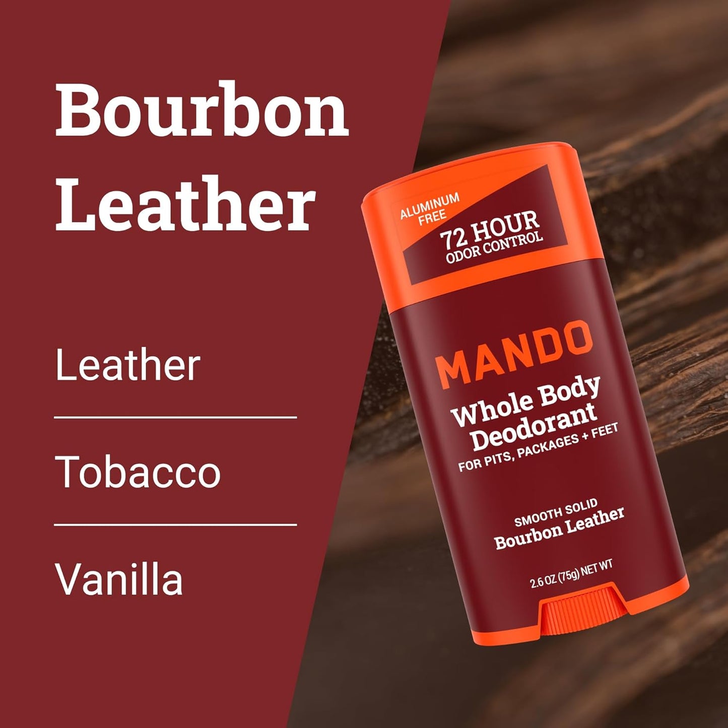 Mando Whole Body Deodorant For Men - Smooth Solid Stick - 72 Hour Odor Control - Aluminum Free, Baking Soda Free, Skin Safe - 2.6 Ounce (Pack of 2) (Bourbon Leather & Pro Sport)