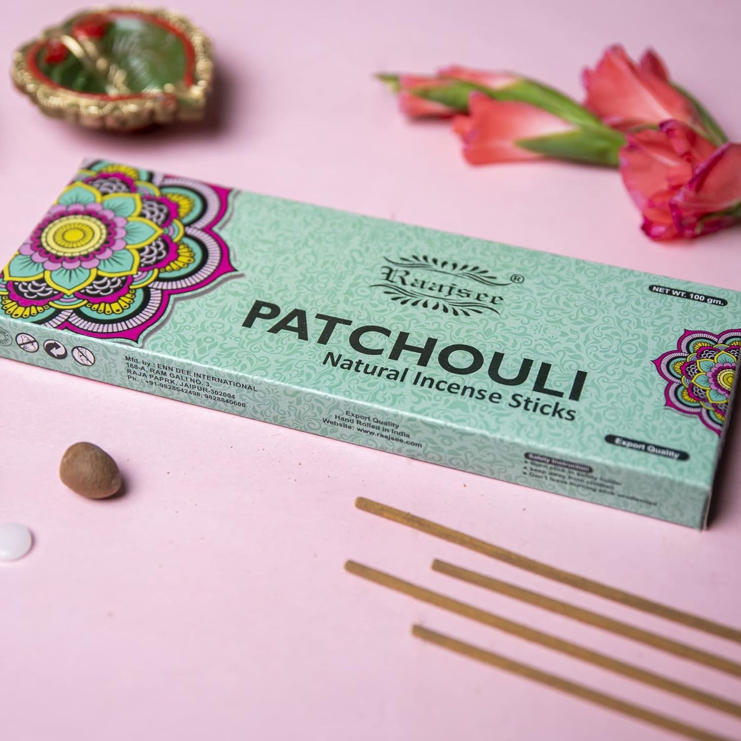 Raajsee Patchouli Incense Sticks 100 gm Pack-100% Pure Organic Natural Hand Rolled Free from Chemicals-Perfect for Church,Aromatherapy,Relaxation,Meditation,Positivity & Sensual Therapy