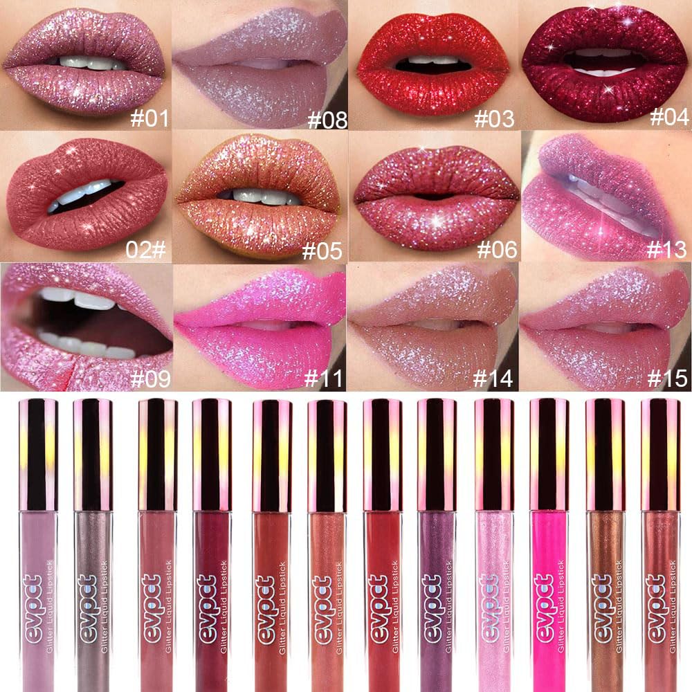 evpct 2Pcs Mauve & Taupe Mauve Glitter Metallic Shimmer Diamond Lipstick Lip Gloss Stain Set for Women Long Lasting Waterproof, Purple Sparkle Glitter Matte long Wear Liquid Lipstick Lip Makeup Kit