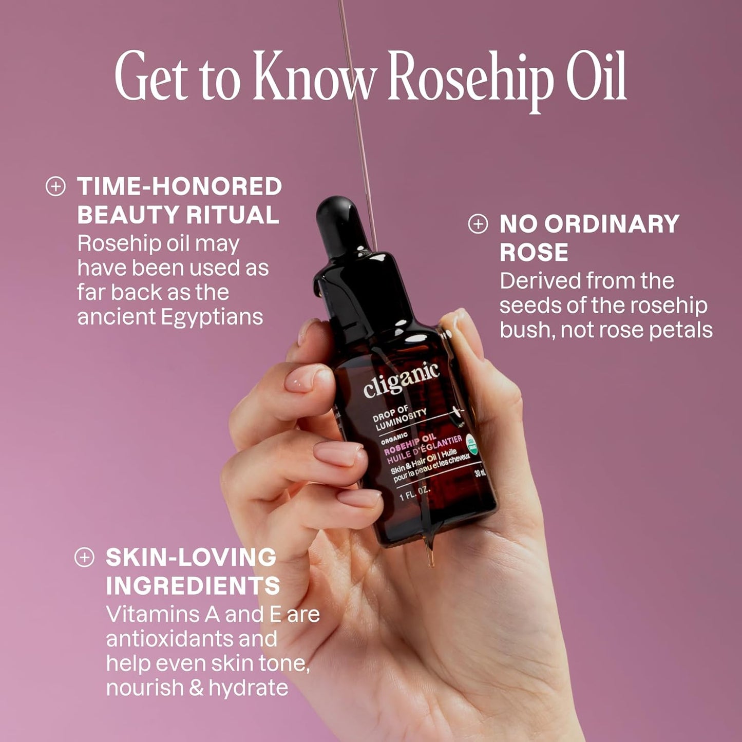 Cliganic Organic Rosehip Seed Oil 16oz with Pump for Face, Hair & Body, 100% Pure (Packaging May Vary)