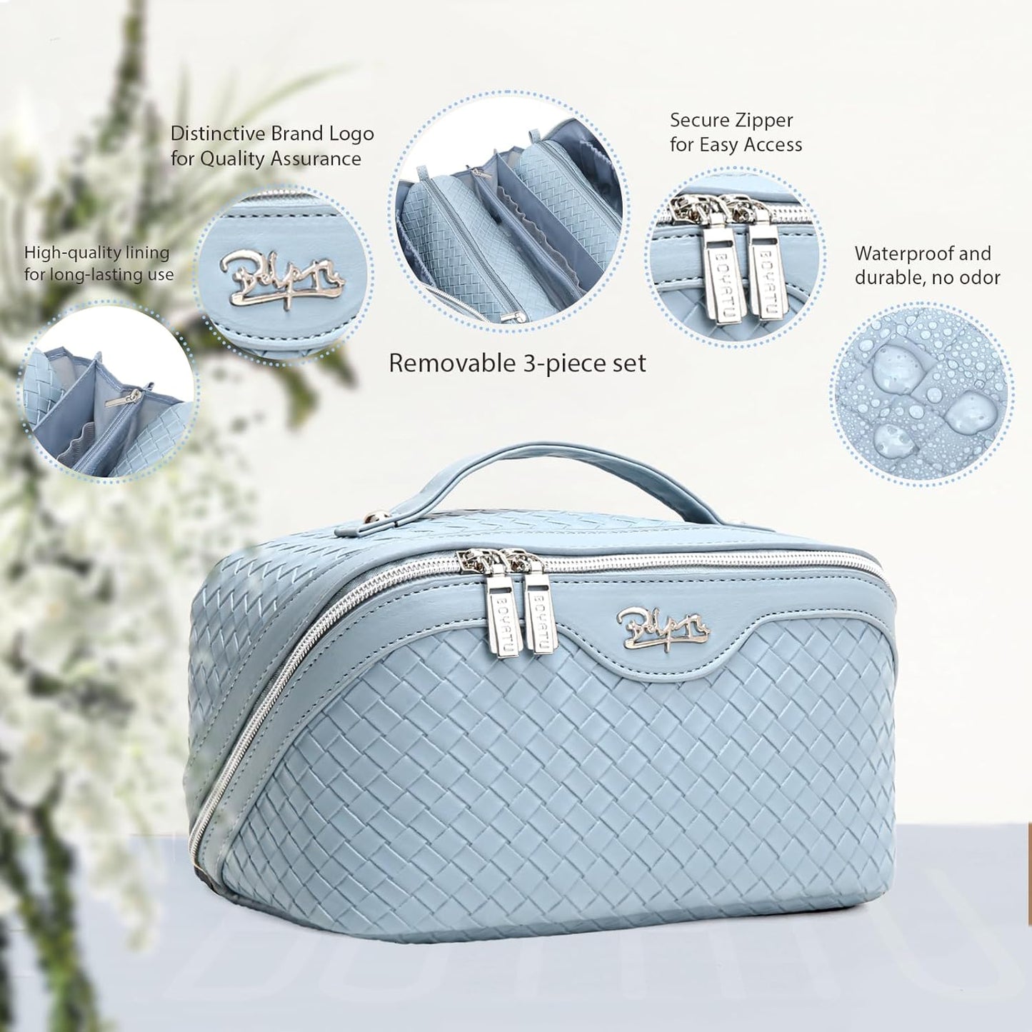 BOYATU Travel Makeup Bags for Women: Large Makeup Organizer - PU Leather Make up Bag Set of 3 - Portable Toiletry Bag with Compartments & Handle & Divider (L04 Light Blue)