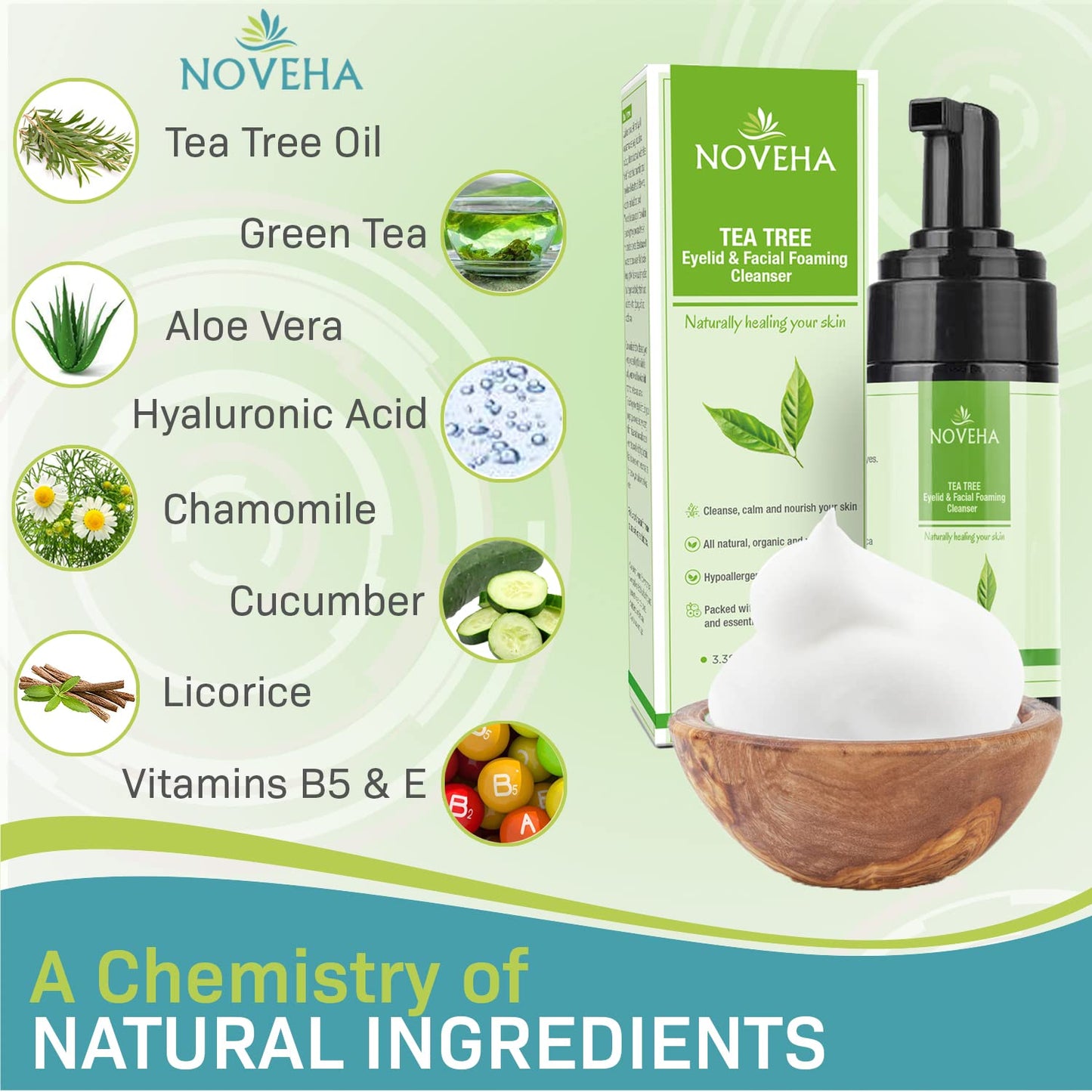 NOVEHA Tea Tree Oil Foaming Gentle Cleanser | Therapeutic Daily Skincare For Eyelash & lids, Eye Irritations, Stye Eyes, Skin Dryness, Moisturize with Organic Ingredients, All Types, 3.38 Ounce