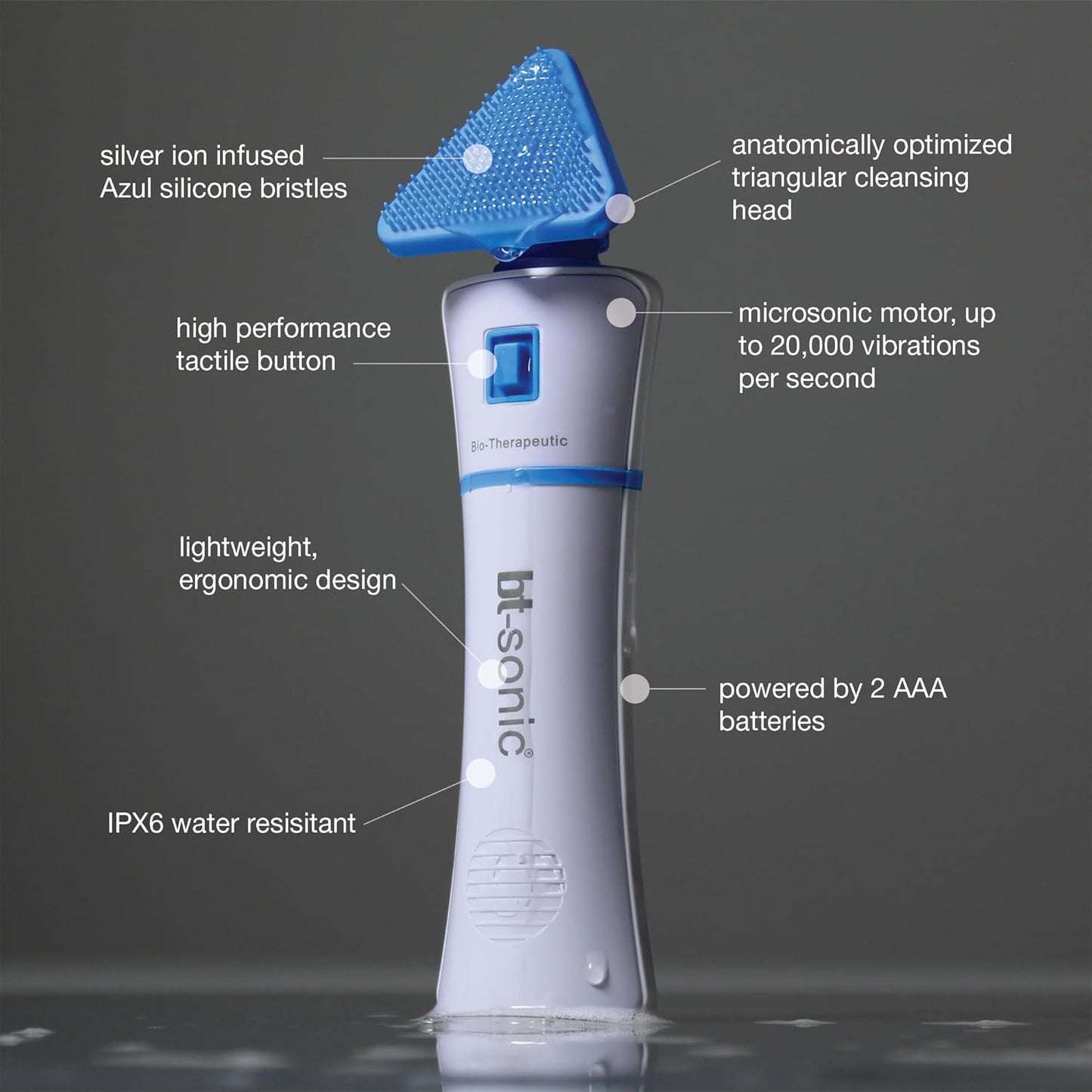 Bio-Therapeutic bt-Sonic Facial Cleansing Brush, Microsonic Handheld Silicone Face Cleanser, Exceptional Quality Water Resistant Face Exfoliator