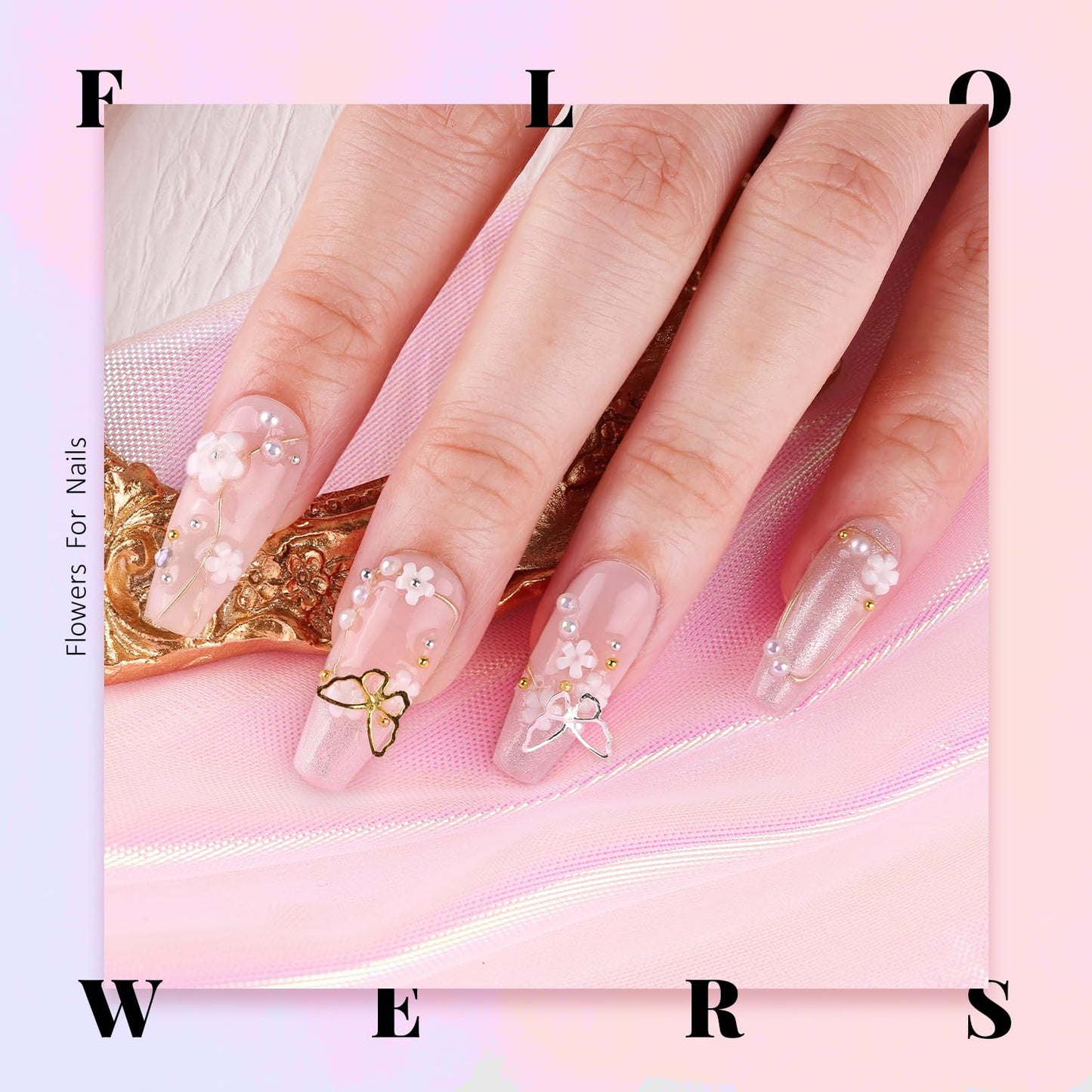 3D Nail Charms, Butterfly White Pink Flower Starry AB Gemstones Caviar Beads Half Round Pearl, Flat Back Glass Crystal AB + Transparent Clear Round Rhinestones for Nails with Pickup & Dotting Tools