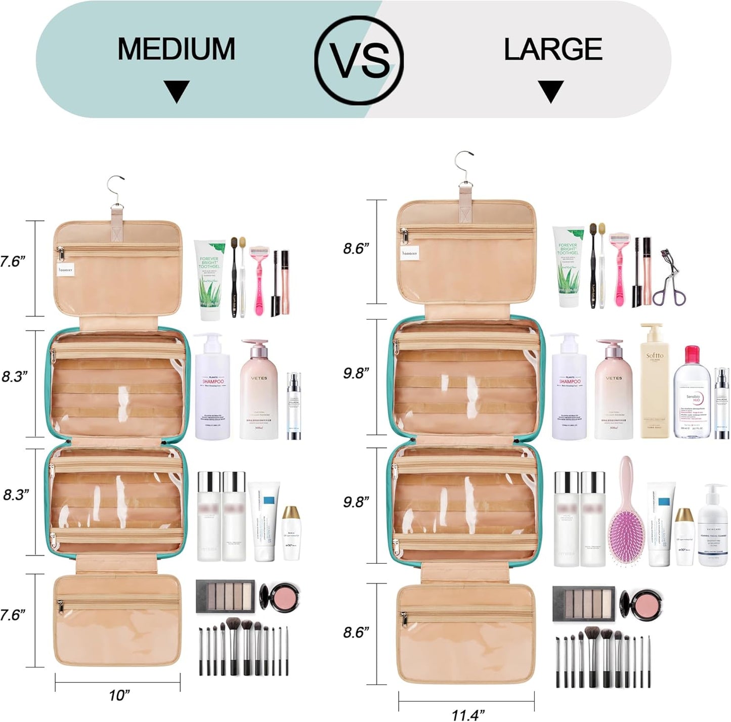 Travel Hanging Toiletry Bag for Women, with Jewelry Organizer Compartment, Medium Waterproof Hanging Makeup Accessories, Cosmetic Essentials, Toiletries Dopp Kit Set with Trolley Belt, Blue