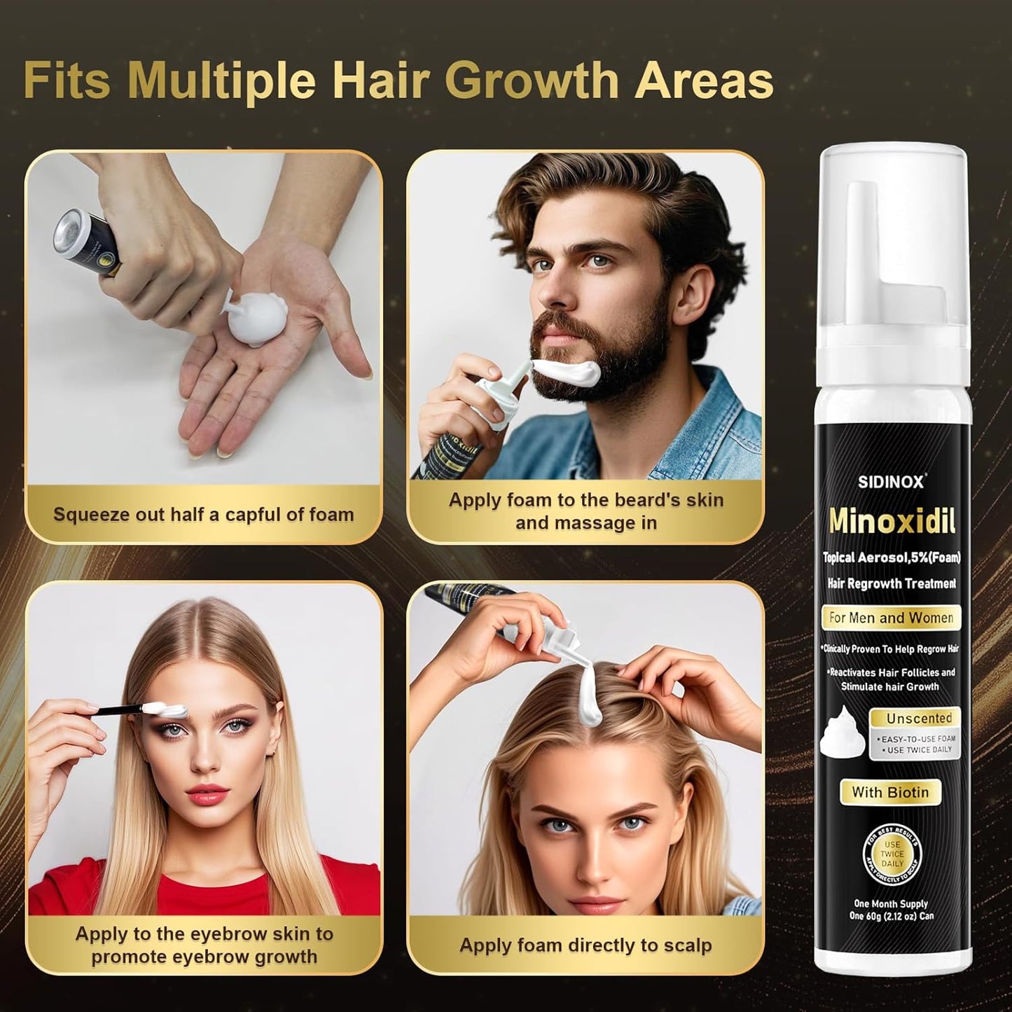 5% Minoxidil Foam for Men & Women - Hair Growth Treatment with Biotin, Non-Greasy Fast Absorbing Foam for Thinning Hair, Regrow Fuller Thicker Hair & Beard, 6 Month Supply (6 x 2.12 oz)