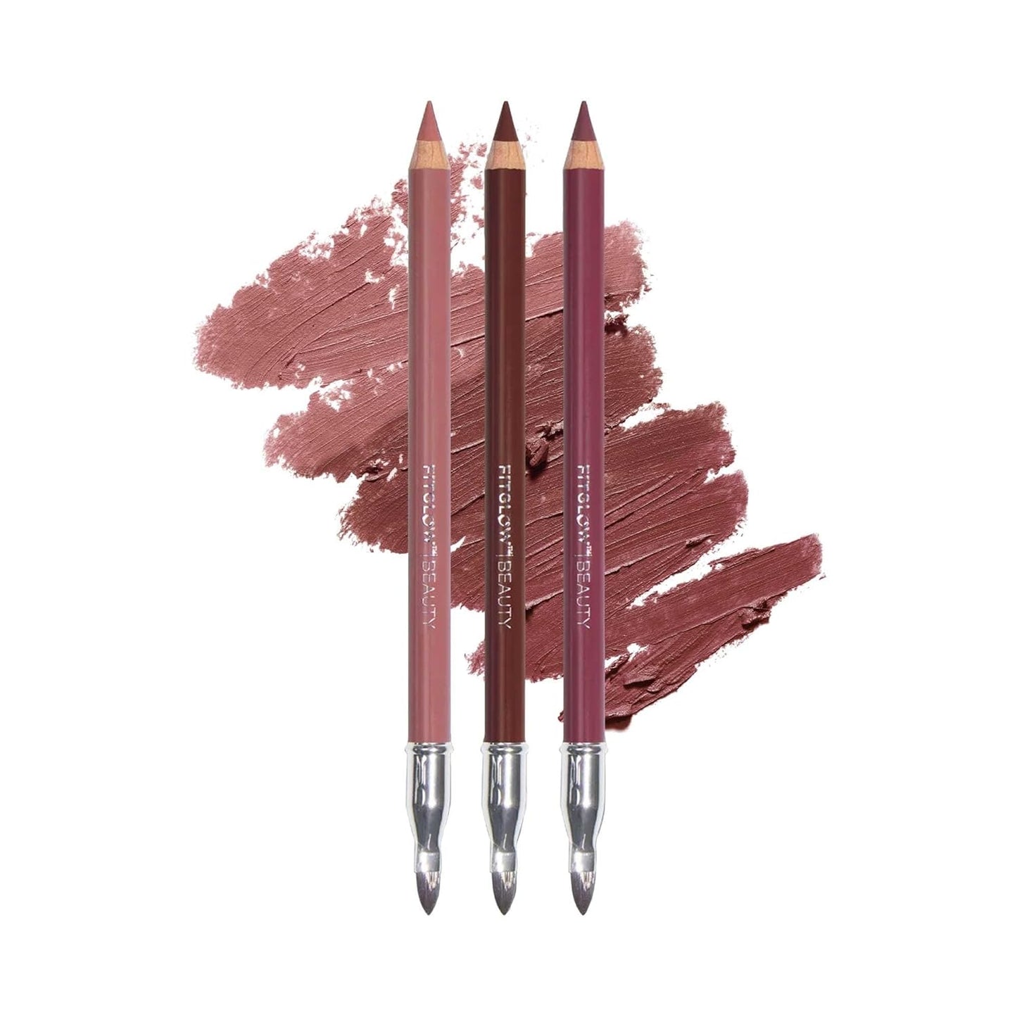 FITGLOW Beauty Vegan Lip Liner Pencil Trio | Hydrating Plumping Lip Liner Kit with Blending Brush | Smudge-Proof Lip Perfector | Define & Sculpt | Natural Lip Enhancer | 3pk - Muted Mauve, Buff, Root
