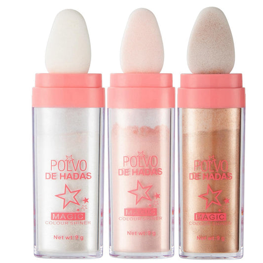 URQT 3 Color Polvo De Hadas Fairy Dust Highlight Patting Powder - Full Body Contouring and Clavicle Pearlescent Patting Powder for Face and Eye, Halloween Sparkling Body Glitter Powder (Trio)