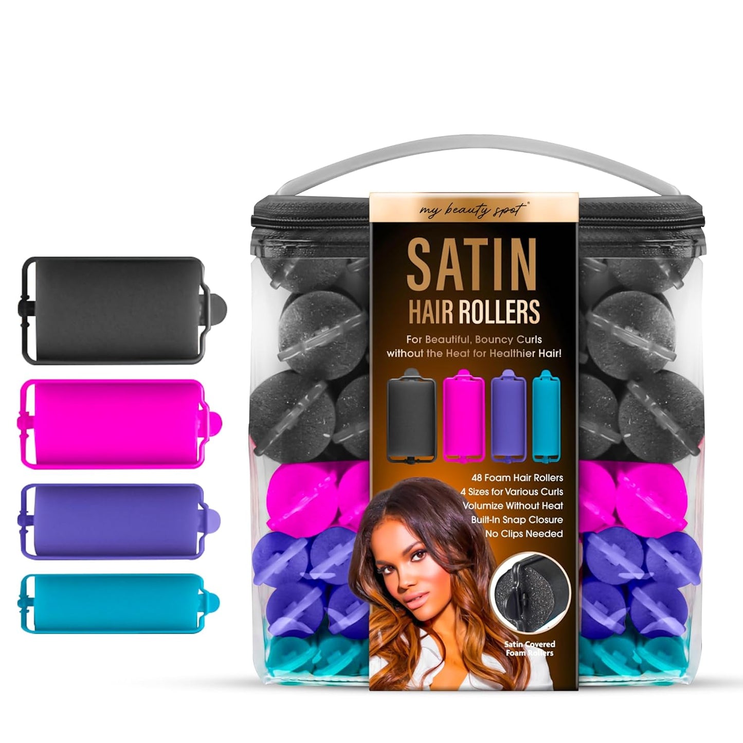 My Beauty Spot Heatless Rollers - Satin Hair Rollers - Overnight Hair Curlers, 48Pcs Overnight Foam Curlers, No Clips, Assorted Sizes & Colors, with Storage Case