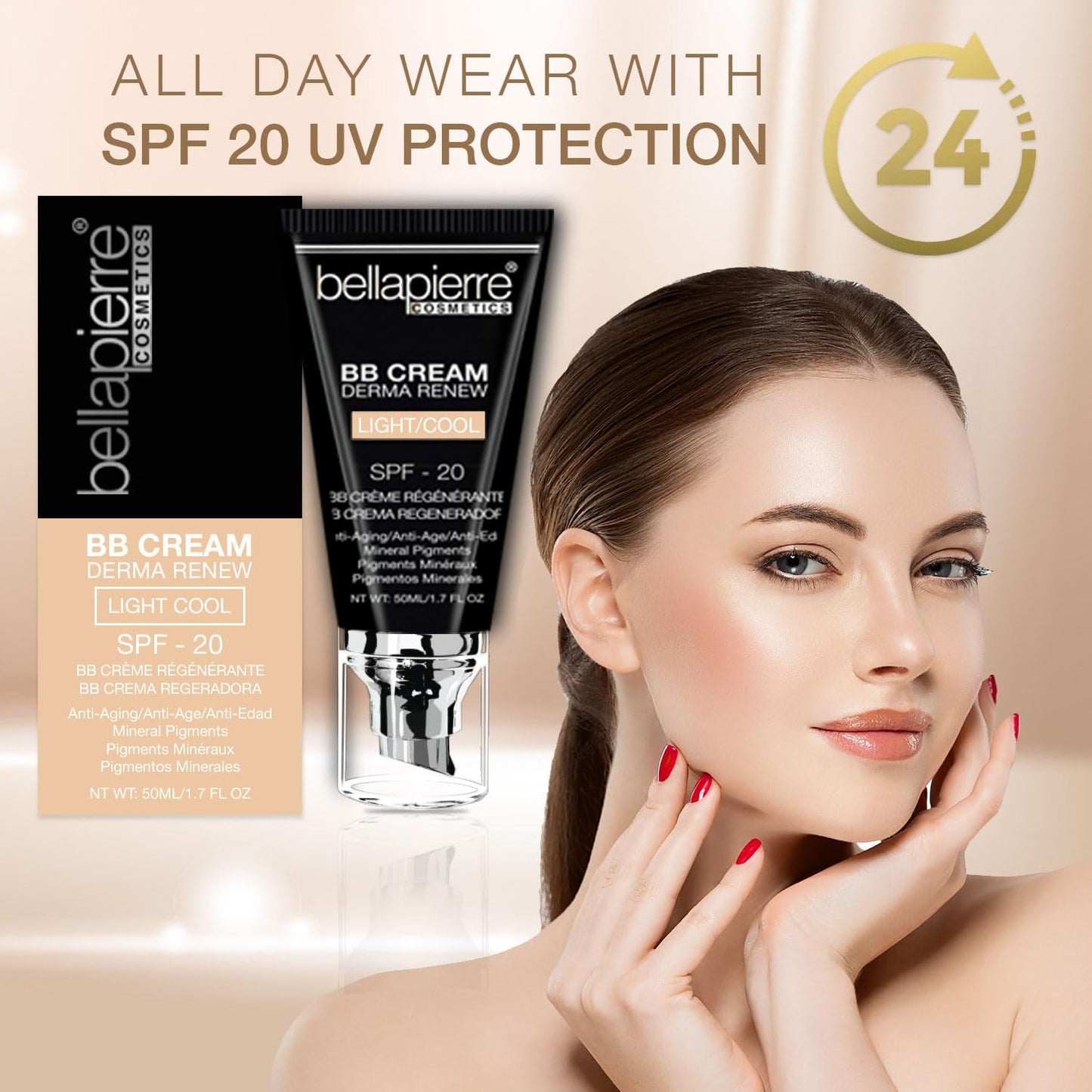 bellapierre BB Cream with SPF 20 - Tinted Sunscreen, Concealer, Matte Foundation, & Moisturizing Face Cream | Lightweight Formula + Pump Top Applicator | Non-Toxic & Paraben Free | 1.7 Oz - Light Cool
