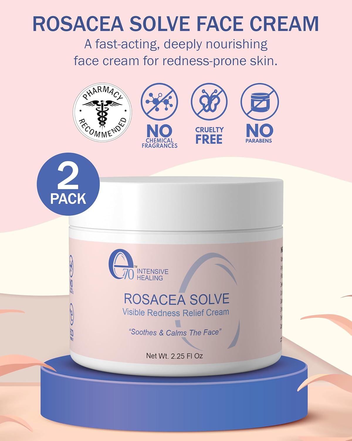 Rosacea Treatment for Face Skincare Cream for Women & Men (Pack of 2) - Gentle Moisturizer Redness Reducing Skin Care - with Aloe Vera & Hyaluronic Acid - Day-Night, Made in USA by e70 (2.25 fl. oz.)