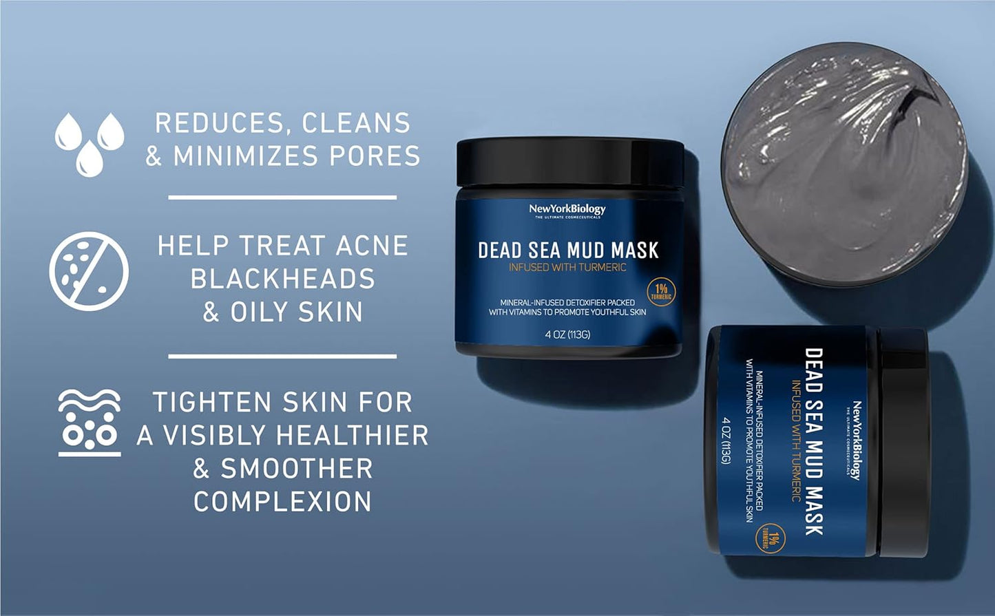 New York Biology Dead Sea Mud Mask for Face and Body | with Turmeric Oil | Spa Quality Pore Refiner for Oily Skin | Natural Skincare for Women & Men | Tighten Skin for A Healthier Complexion | 4 oz